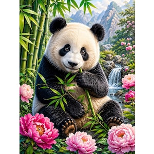 May include: A giant panda with black and white fur sits among green bamboo stalks and vibrant pink peony flowers. In the background, a small waterfall flows over rocks towards distant mountains under a bright, clear sky.
