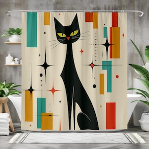 Cortina de chuveiro com estampa de gato preto moderno de meados do século, decoração retrô para banheiro com estampa de estrela atômica, presente em estilo geométrico moderno e descolado para amantes de gatos e design