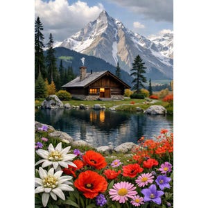Puede incluir: Una pintura paisajística de una cabaña de madera junto a un lago, con una montaña nevada al fondo. El primer plano presenta coloridas flores silvestres, incluyendo amapolas rojas, edelweiss blancos y margaritas rosas y moradas. La cabaña tiene una chimenea de piedra y ventanas iluminadas.