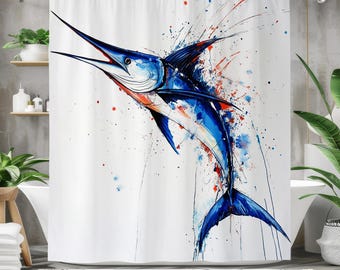 May include: White shower curtain featuring a watercolor illustration of a blue marlin fish. The fish is depicted with dynamic brushstrokes and splashes of red and blue paint, creating a vibrant and artistic design. The curtain is hung in a bathroom setting.