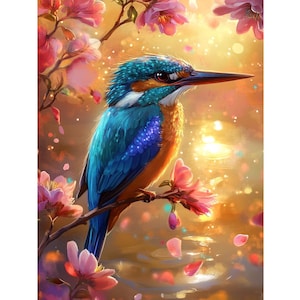 Op de afbeelding: Een blauwe en oranje ijsvogel zit op een tak met roze bloesems. De vogel heeft een lange, puntige snavel en is omgeven door een zacht, gouden licht.