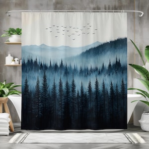 Rideau de douche forêt, décoration de salle de bain paysage montagne brumeux, rideau de bain en tissu imperméable, design inspiré de la nature