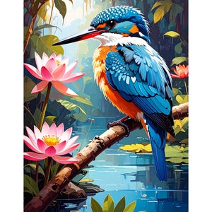 Peut inclure: Illustration vibrante d'un martin-pêcheur perché sur une branche, sur fond de fleurs de lotus roses et d'un étang tranquille. L'oiseau présente un plumage bleu, orange et blanc, avec un long bec noir. L'œuvre évoque la nature et la sérénité.