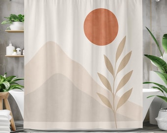 Minimalistyczna zasłona prysznicowa w stylu boho, wystrój łazienki w stylu japońskim, abstrakcyjna zasłona do łazienki w stylu górskim, neutralna nowoczesna łazienka, wystrój skandynawski
