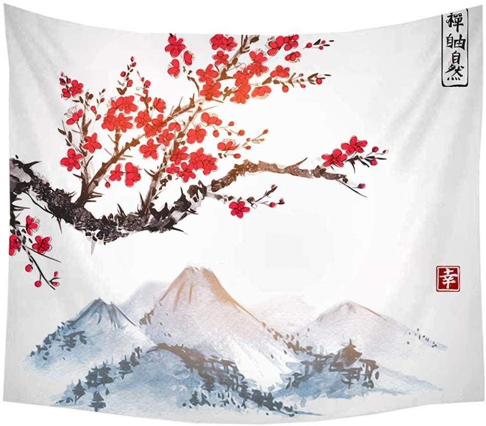 Cherry Blossom Tapestry Japanese Wall Tapestry Ink Painting Etsy