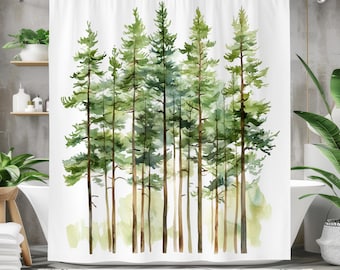Pine Tree Shower Curtain | Waterproof Fabric Bath Curtain | Nature-Inspired Bathroom Decor - Green, Brown, White, Forest