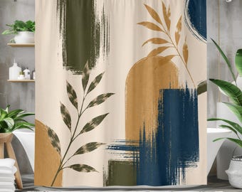 Abstrakcyjna botaniczna zasłona prysznicowa, nowoczesny wystrój łazienki w stylu boho, minimalistyczna zasłona do łazienki z pociągnięciami pędzla, neutralna łazienka w stylu mid-century modern