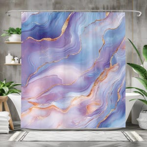 Purple Marble Shower Curtain, Elegant Abstract Bath Curtain, Waterproof Fabric Bathroom Decor, Luxury Pastel Pink and Gold Design