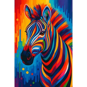 Op de afbeelding: Een levendig, kleurrijk schilderij van de kop en nek van een zebra. Het kunstwerk toont gedurfde strepen in een spectrum van kleuren, waaronder rood, oranje, geel, blauw en paars. De achtergrond heeft een druipend verfeffect, wat de artistieke stijl versterkt.