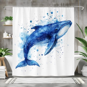 Blue Whale Shower Curtain Watercolor Bath Curtain Waterproof Fabric Bathroom Decor with Ocean Splatter Blue White Design