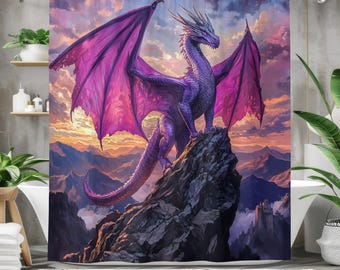 Epic Dragon Shower Curtain, Fantasy Mountain Scene Bathroom Decor, Waterproof Fabric Bath Curtain, Majestic Purple Dragon Design