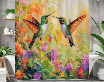 Hummingbird Shower Curtain, Floral Bathroom Decor, Botanical Bath Curtain, Colorful Bird Bathroom, Garden Flower Decor
