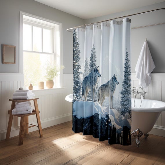 Duschvorhang Wolf Wildtiere Fantasie – 180x180 Cm Polyester, Winter Wald Szene Mit Vollmond, Inkl. Haken