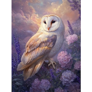 May include: A white barn owl with brown and white markings perched on a branch surrounded by purple flowers and a soft, pink and blue sky.
