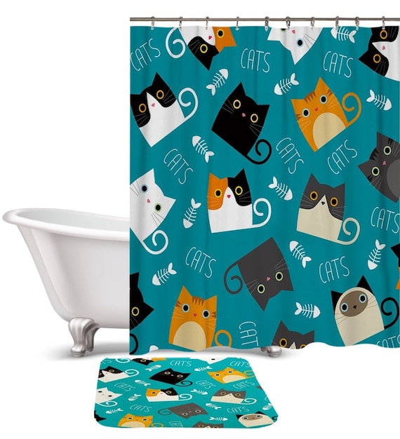 Cats Shower Curtain and Mat Set Cute Cat Shower Curtains Etsy