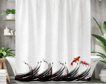 Elegancka zasłona prysznicowa z rybą Koi, nowoczesny wystrój łazienki, wyjątkowy artystyczny design, wodoodporna tkanina, żywe kolory, można prać w pralce