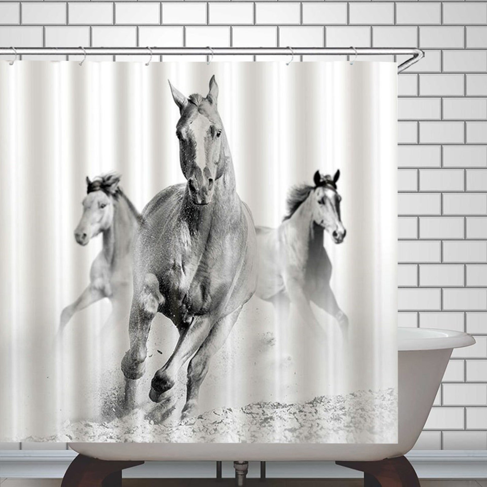 Horses Shower Curtain White Horse Bathroom Decor Waterproof Etsy