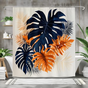 Duschdraperi med tropiska löv | Vattentätt baddraperi i tyg, standard- och specialstorlekar 150x180 180x200 180x210 180x220 180x230 180 x 240 cm