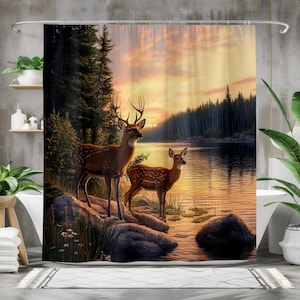 Naturinspirierter Hirsch Duschvorhang | Rustikales Badezimmer Dekor | Wildtier-Thema, Walddruck, Geschenk für Naturliebhaber, rustikales Wohndekor