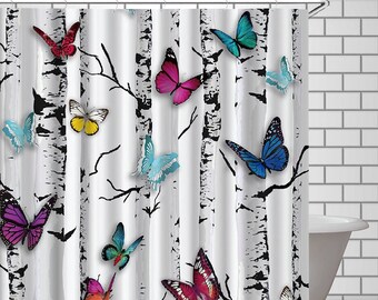 Black & White Birch Trees Shower Curtain Set Polyester Waterproof Fabric Hooks