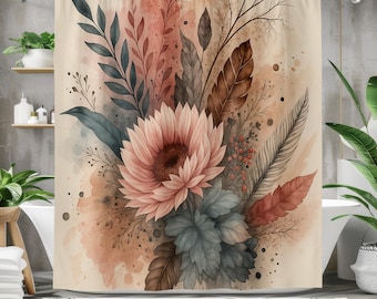 May include: Shower curtain with a watercolour floral design. It features a large, pink sunflower surrounded by leaves in shades of blue, brown, and red. The background has a soft, neutral colour palette with subtle watercolour splatters.