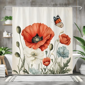 Poppy Flower Shower Curtain, Botanical Floral Bath Curtain, Waterproof Fabric Bathroom Decor, Elegant Red and White Poppy Design