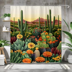 Desert Cactus Shower Curtain, Vibrant Southwestern Bathroom Decor, Succulent Floral Design, Waterproof Fabric Curtain Boho Western Aesthetic