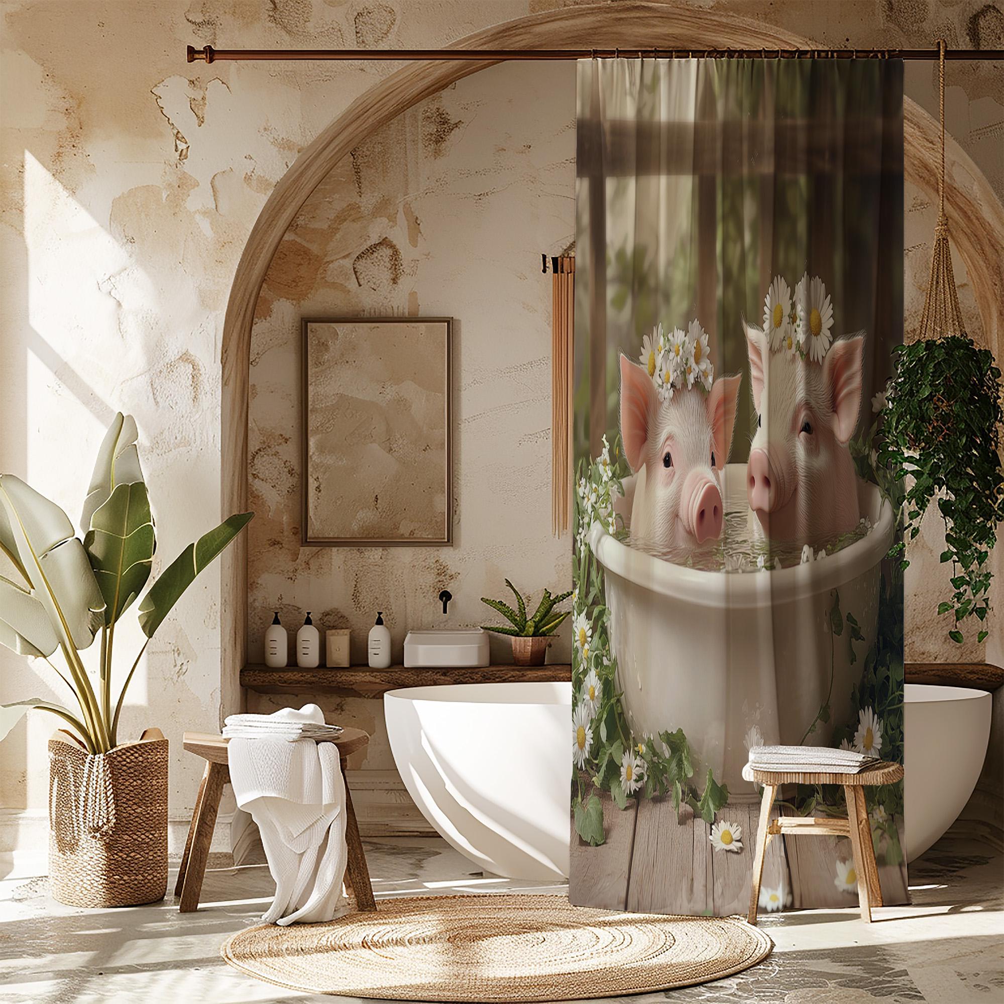 Tenda Da Doccia Con Maialino Rosa - 152x183 Cm - Impermeabile Con 12 Ganci Inclusi - Decorazione Bagno Carina - Tessuto 100% Poliestere