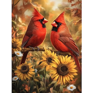 Cardinals Diamond Painting Kit, Autumn Sunflowers 5D DIY Art, Full Drill Rhinestone Birds, Nature Wall Decor, Bird Lovers Gift