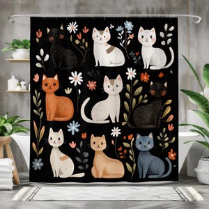 Whimsical Cat Shower Curtain, Cute Cat and Floral Bathroom Decor, Waterproof Fabric Bath Curtain, Fun Animal Design Multiple Sizes Available