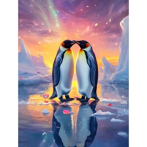 May include: Two penguins standing on a frozen lake, facing each other with their beaks touching. The penguins are black and white with orange beaks. The background is a colorful sunset with pink, orange, and purple hues.