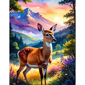 May include: Watercolor painting of a deer in a meadow with a mountain backdrop. The deer has brown fur with white spots and is surrounded by wildflowers. The sky transitions from pink to orange and yellow.