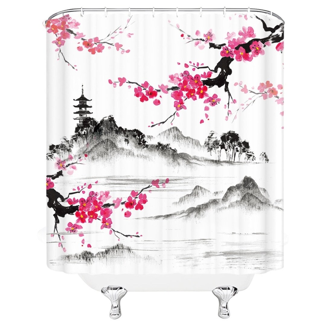 Japans douchegordijn kersenbloesem Japan landschap inkt Etsy Nederland