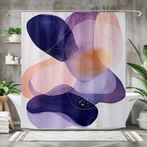 Modern Abstract Shower Curtain, Waterproof Fabric Bath Curtain, Elegant Bathroom Decor, Washable, Purple, Peach, and Gold Accent Design