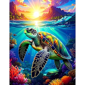 May include: A vibrant painting of a sea turtle swimming underwater. The turtle has a colorful shell with green, yellow, and blue hues. The scene includes coral reefs, fish, and a bright sun setting over the ocean, creating a colorful and lively underwater environment.