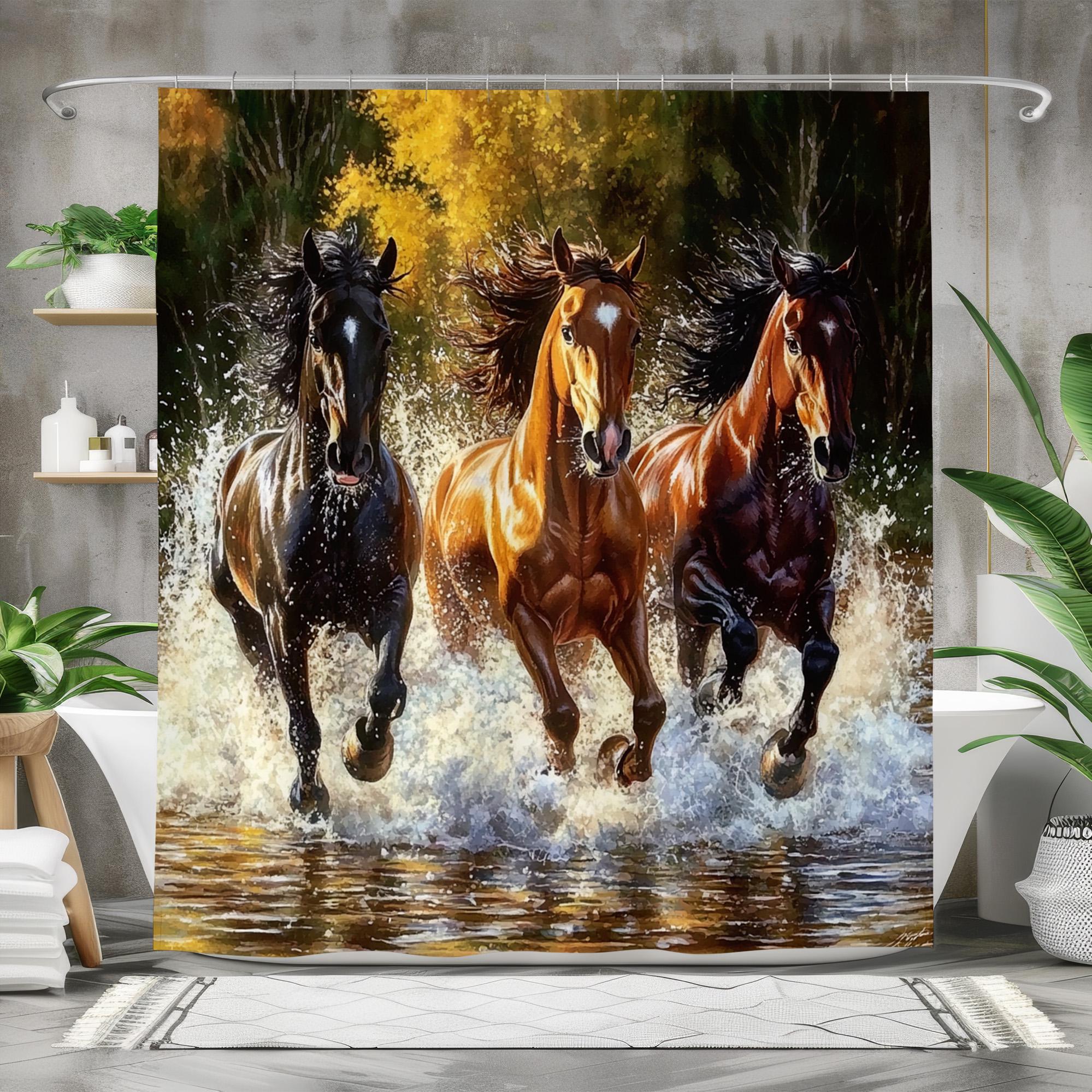 Wild Horses Shower Curtain, Galloping Stallions Bathroom Decor, Rustic Western Bath Curtain, Waterproof Fabric, Horse Lover Gift, Nature