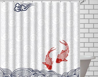 Koi Fish Wave Shower Curtain Minimalist Bathroom Decor Waterproof Fabric