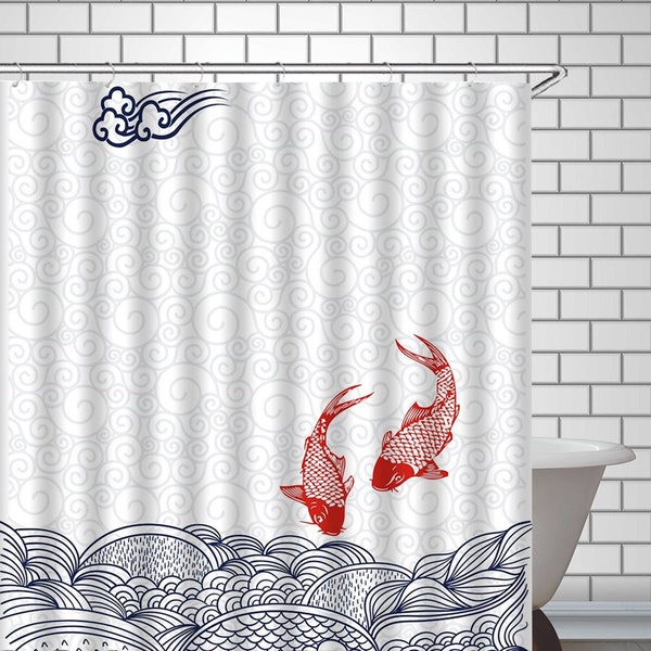 Rideau de douche vague de poissons koi, décoration de salle de bain minimaliste, tissu imperméable