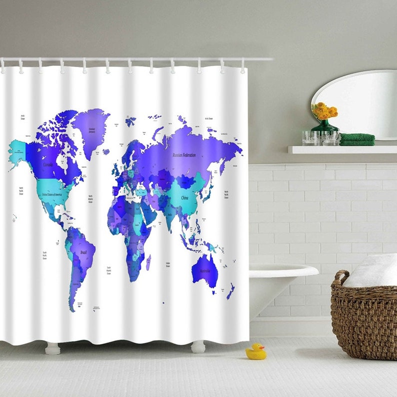 World Map Shower Curtain Map Of The World Shower Curtains High Etsy