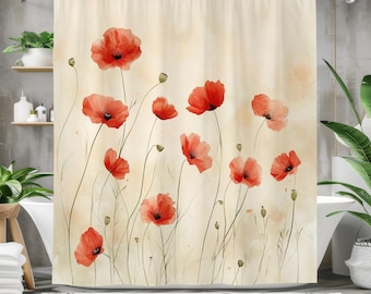 Poppy Flower Shower Curtain, Waterproof Fabric Bath Curtain, Floral Bathroom Decor, Minimalist Botanical Design, Red Beige Green