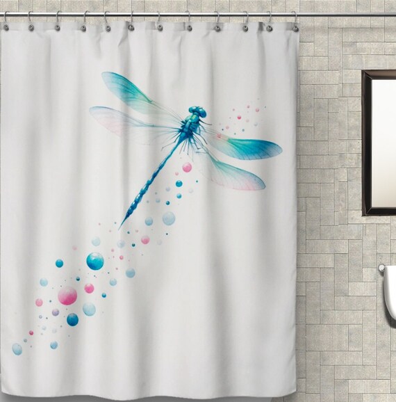 トンボのシャワーカーテン、水彩画、防水生地のバスルーム装飾、フック