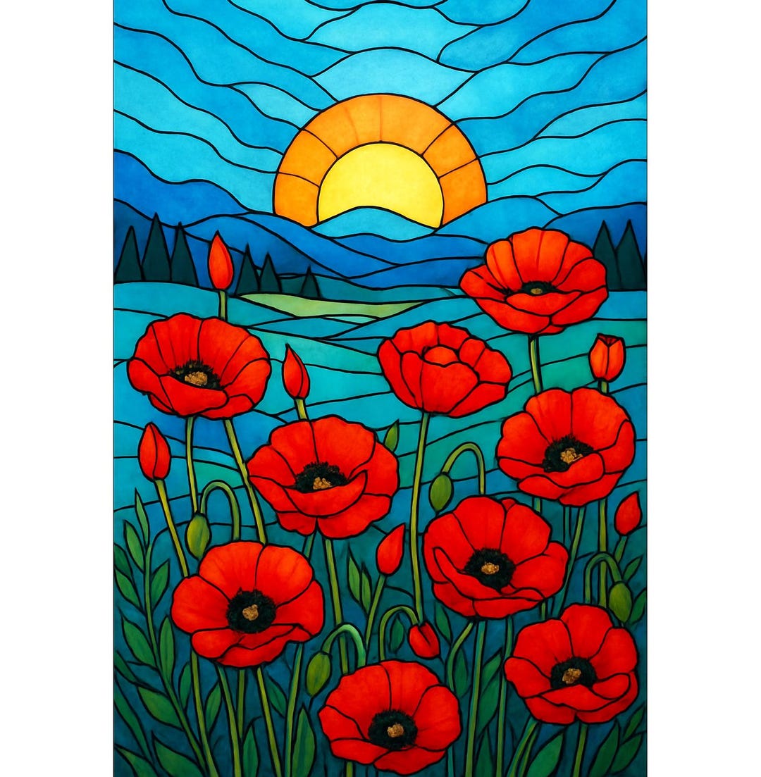 Poppy Stained Glass Diamond Painting Kit, 5D Full Drill Floral Mosaic ...