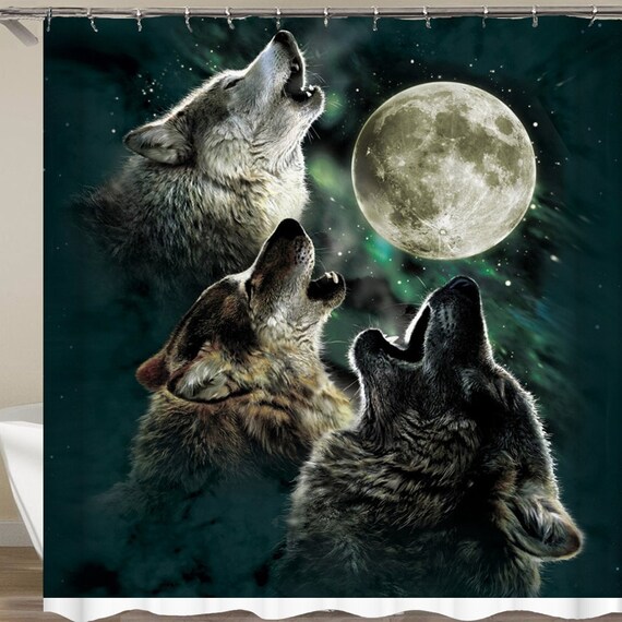 Wolf Shower Curtain Wolves Moon Bathroom Decor Wildlife Bath Etsy