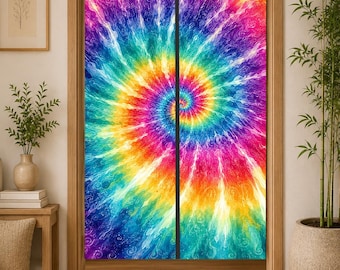 Tie Dye Noren Curtain, Rainbow Hippie Door Curtain, Psychedelic Room Divider, Colorful Boho Entryway Curtain