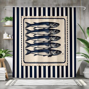 May include: A shower curtain with a nautical theme. The curtain features a repeating pattern of navy blue and white vertical stripes. A central rectangular design displays five detailed illustrations of fish in a vintage style.