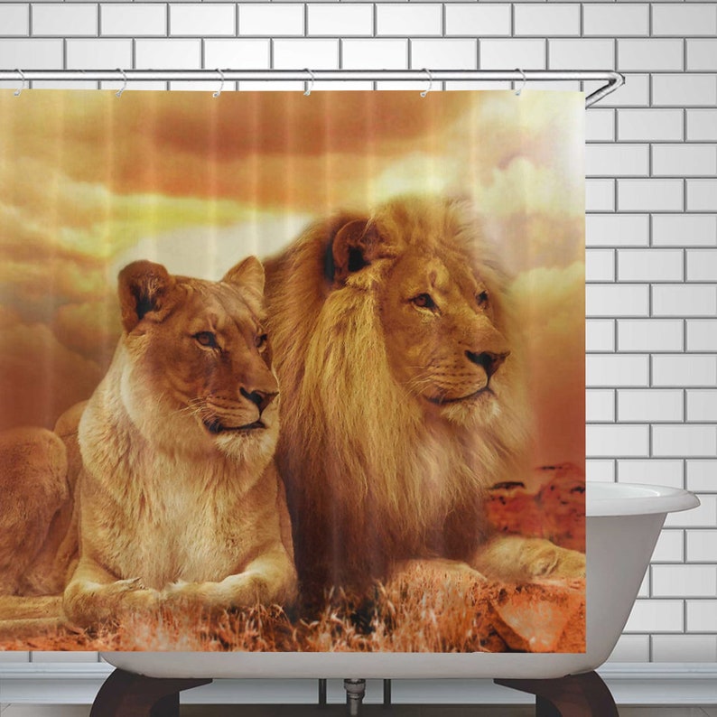 Lion Shower Curtain Lions Bath Decor Waterproof Polyester Fabric