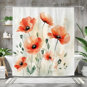Poppy Flower Shower Curtain Waterproof Fabric Bath Curtain, Floral Bathroom Decor with Watercolor Art, Red, Orange, Green, White