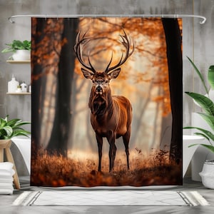Majestätischer Hirsch Duschvorhang, wasserdichter Stoff-Badevorhang, rustikales Wald Badezimmer Dekor, Herbst Wildtiere Natur Kunst, Hirsch im Wald Design