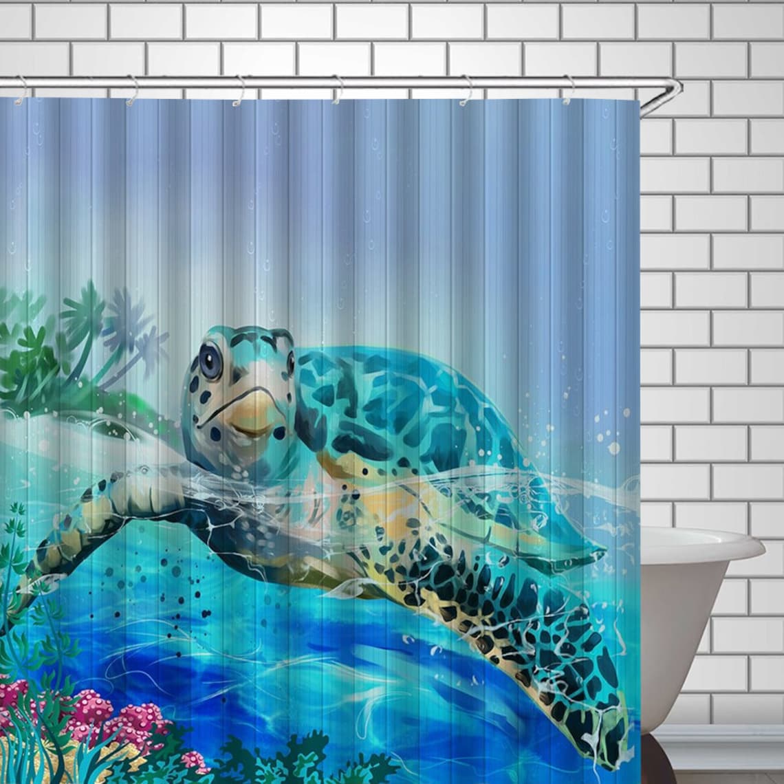 Sea Turtle Shower Curtain Cute Ocean Turtle Art Decor for Etsy