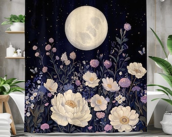 Moonlit Floral Bath Curtain, Waterproof Fabric Bathroom Decor, Artistic Shower Curtain for Nature Lovers, Navy, White, Purple, Gold